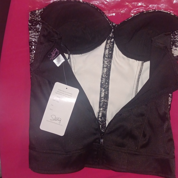 Shirley Of Hollywood Stretchy White Satin W/Black Lace & Sequins Corset (L) - Picture 7 of 11